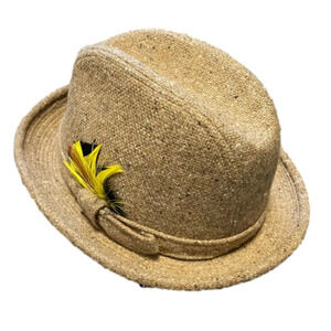 Fedora Hat Vintage 1970s Wool Blend Tweed with Feather by Lanning Men’s Large.